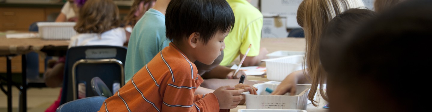 Two primary students sitting across each other