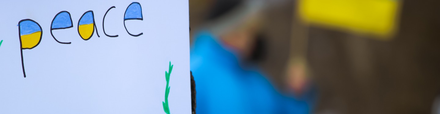 Ukraine peace protest sign pinned on a tree